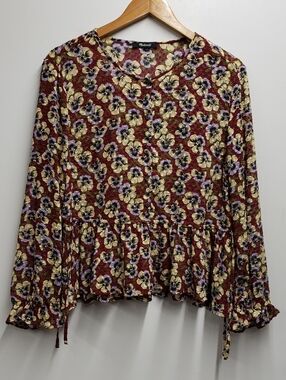 Madewell Viola Floral Drawstring Ruffle Hem Blouse Top Women's Medium